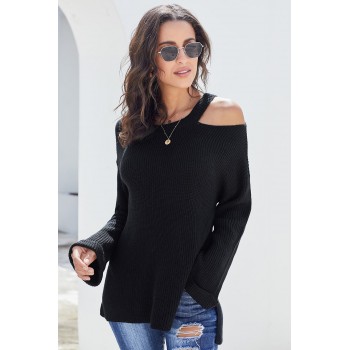 Gray Asymmetric Cut out Shoulder Pullover Sweater Red Black